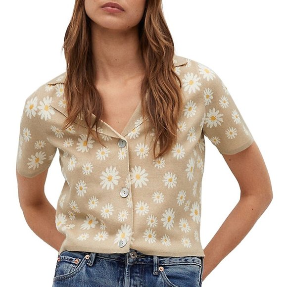 Mango Floral Short-Sleeve Collar Cardigan Button Up Shirt - Picture 2 of 10
